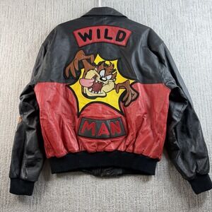 Vtg TAZ Wild Man Leather Jacket Size Medium Looney Tunes Motorcycle Biker